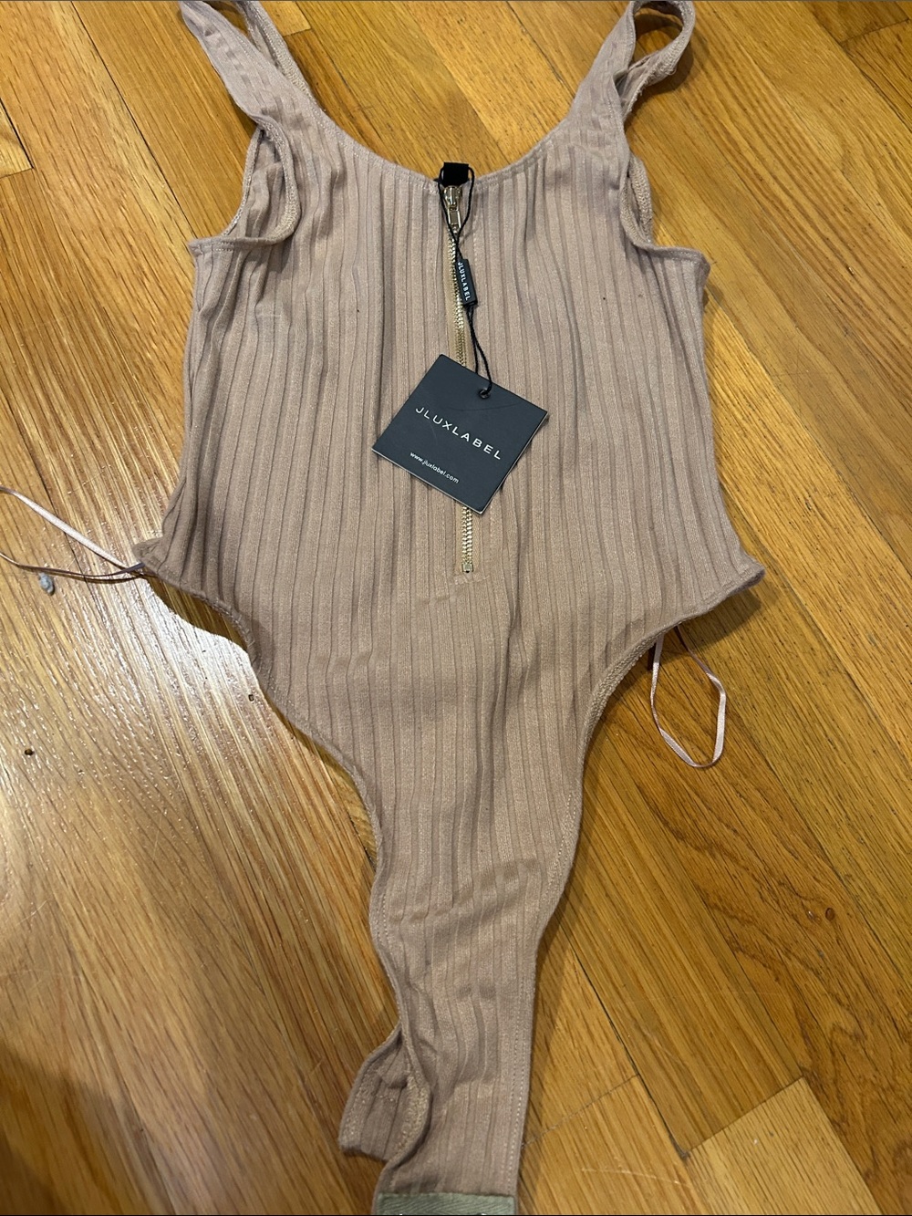 JLUXLABEL Ribbed Scoop Neck Bodysuit in Taupe